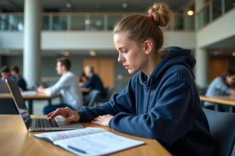 Étudiante préparant un dossier de financement pour une formation Gaming Campus sur son ordinateur portable