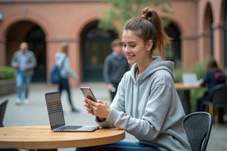 Étudiante consultant son emploi du temps HyperPlanning sur smartphone dans un café du campus universitaire