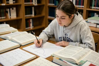 Étudiante en mathématiques étudiant les limites et croissances comparées dans une bibliothèque universitaire avec des notes manuscrites