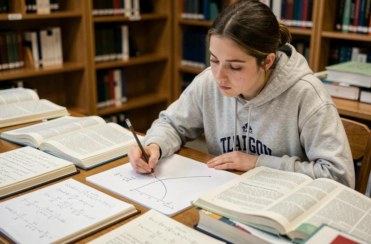 Étudiante en mathématiques étudiant les limites et croissances comparées dans une bibliothèque universitaire avec des notes manuscrites
