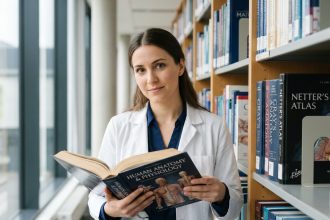 Jeune femme médecin en blouse blanche consultant un manuel d'anatomie dans une bibliothèque universitaire européenne