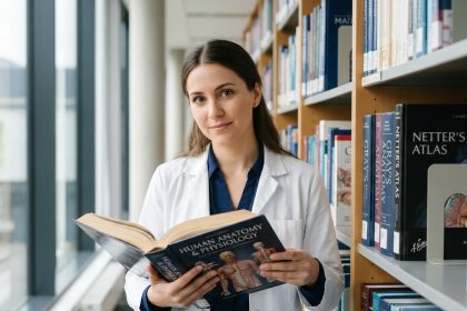 Jeune femme médecin en blouse blanche consultant un manuel d'anatomie dans une bibliothèque universitaire européenne