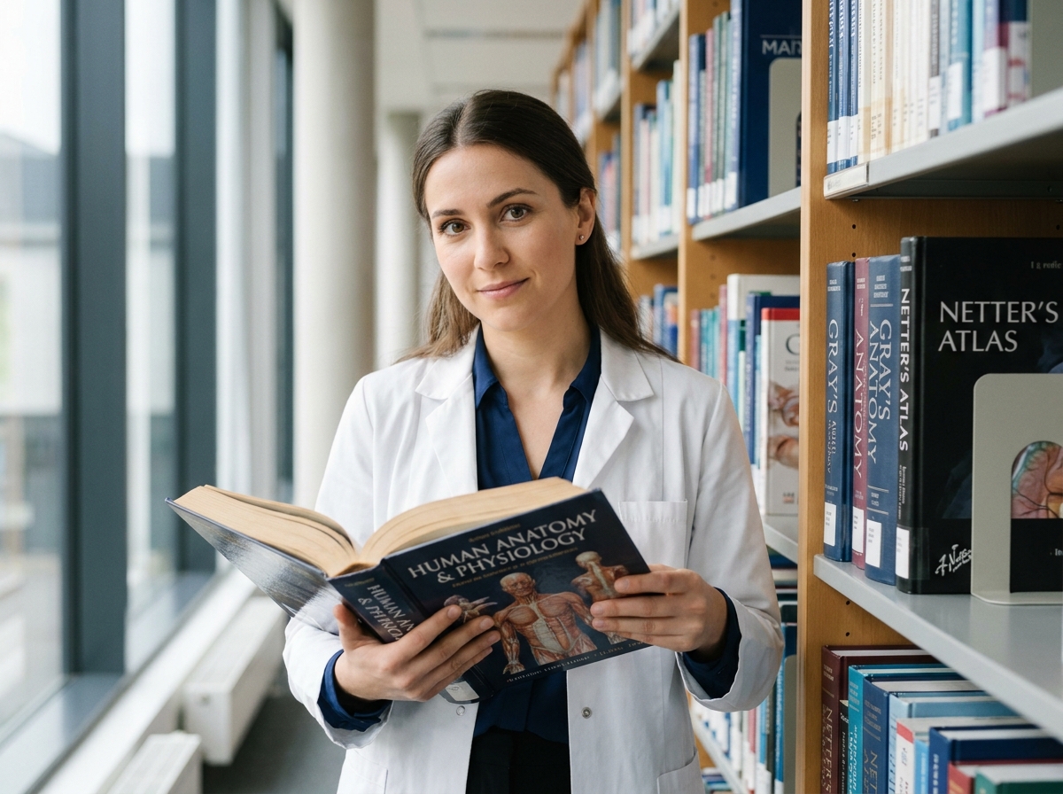 Jeune femme médecin en blouse blanche consultant un manuel d'anatomie dans une bibliothèque universitaire européenne
