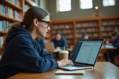 Étudiante consultant un portail scolaire en ligne sur son ordinateur portable dans une bibliothèque universitaire