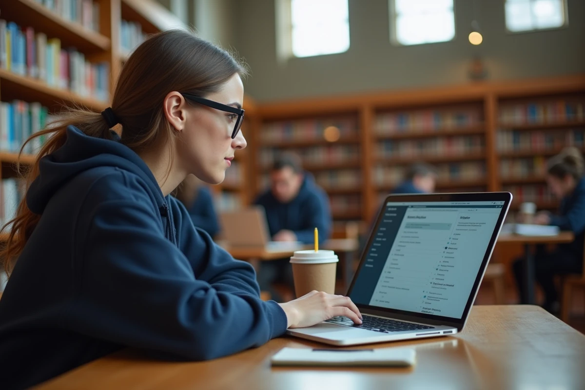Étudiante consultant un portail scolaire en ligne sur son ordinateur portable dans une bibliothèque universitaire
