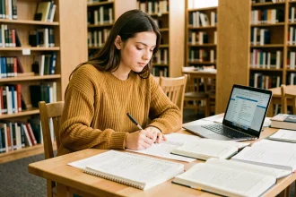 Étudiante révisant ses cours dans une bibliothèque universitaire avec des notes manuscrites et un ordinateur portable ouvert