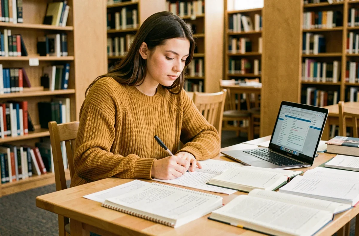 Étudiante révisant ses cours dans une bibliothèque universitaire avec des notes manuscrites et un ordinateur portable ouvert