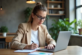 Étudiante STMG travaillant sur une stratégie de marketing digital dans un espace de co-working moderne