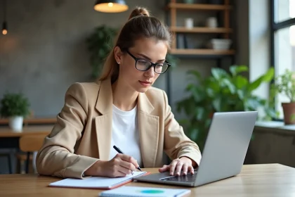 Étudiante STMG travaillant sur une stratégie de marketing digital dans un espace de co-working moderne