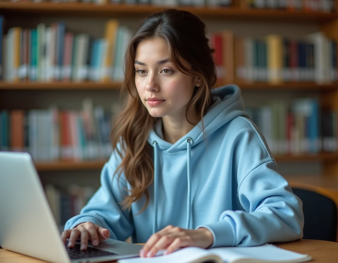Étudiante contactant le support mycampus.eduservices.org depuis la bibliothèque universitaire sur son ordinateur portable
