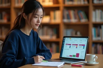 Étudiante configurant son tableau de bord Moodle sur un ordinateur portable dans une bibliothèque universitaire
