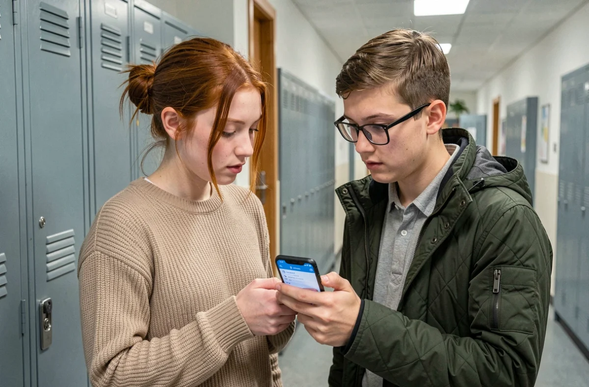 Deux lycéens consultant ensemble l'application ENT Mon Lycée dans un couloir de lycée