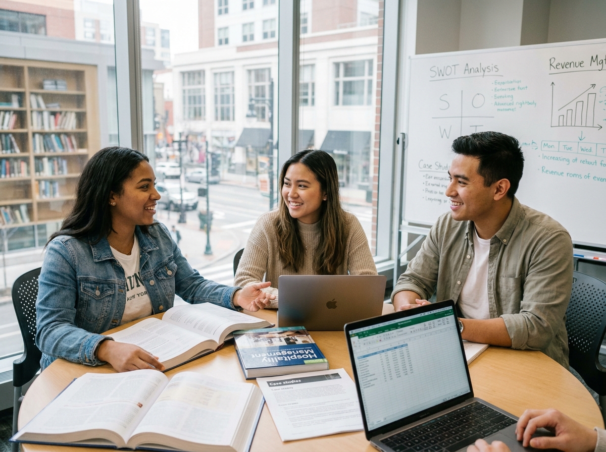 Groupe d'étudiants en bachelor hôtellerie-restauration travaillant ensemble sur des cours de management dans une salle de classe moderne
