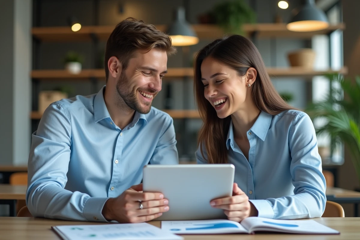 Deux étudiants en BTS Comptabilité et Gestion collaborant sur des exercices financiers dans un espace de travail moderne