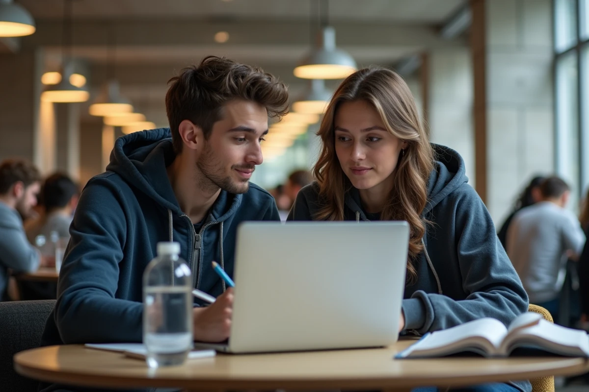 Deux étudiants consultant et configurant ensemble le tableau de bord Moodle sur un laptop dans un espace commun universitaire