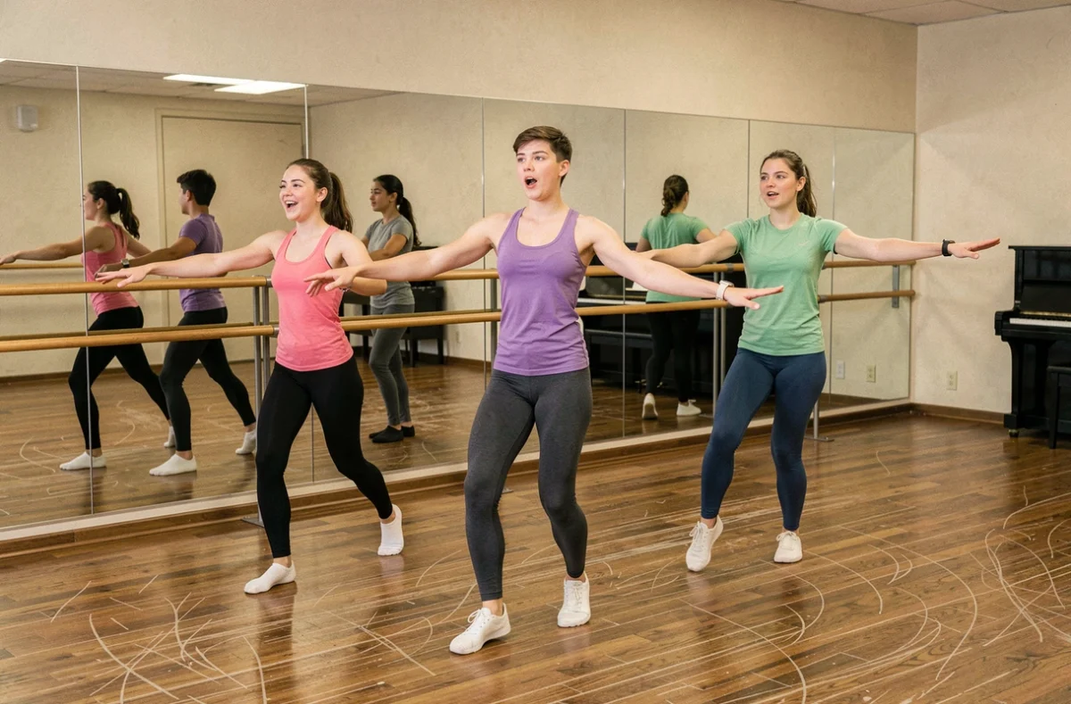Groupe d'étudiants en comédie musicale répétant une chorégraphie dans un studio de danse avec miroirs, au Cours Florent