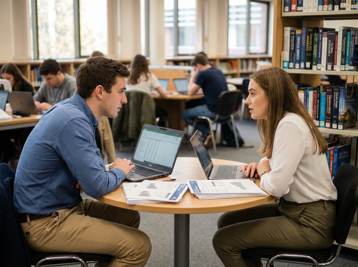 Deux étudiants comparant des brochures de classement d'écoles de finance dans une bibliothèque universitaire