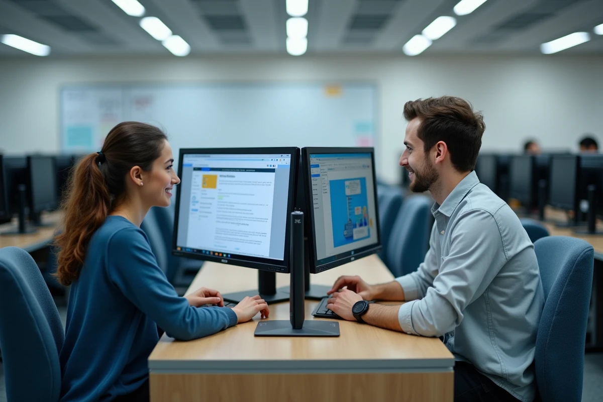 Deux étudiants comparant les interfaces de leur ENT et de mycampus.eduservices.org en salle informatique