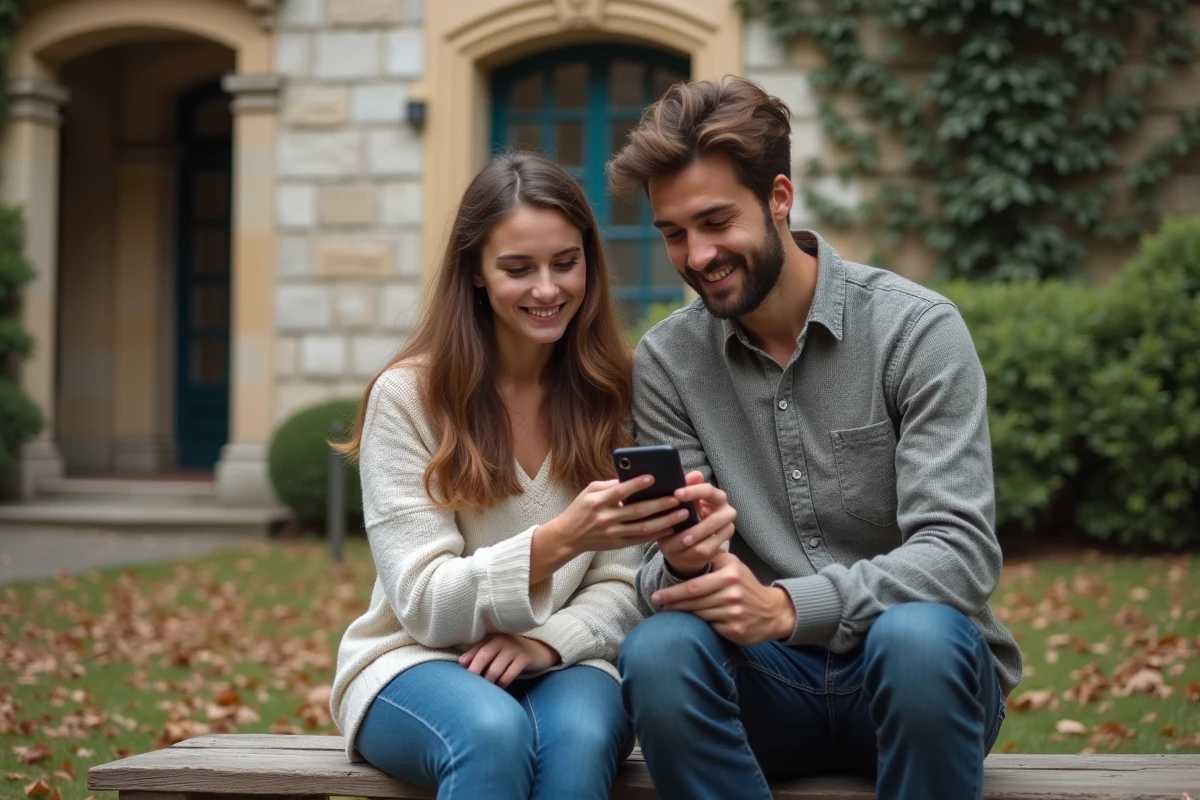 Deux étudiants consultant ensemble l'application HyperPlanning sur un smartphone assis devant un bâtiment du campus