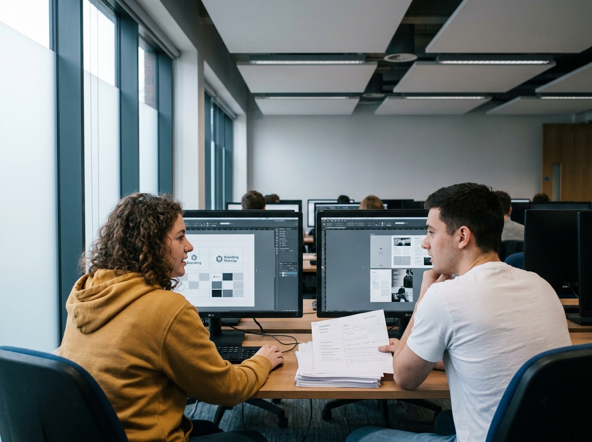 Deux étudiants en design graphique collaborant sur un projet de branding dans une salle informatique universitaire
