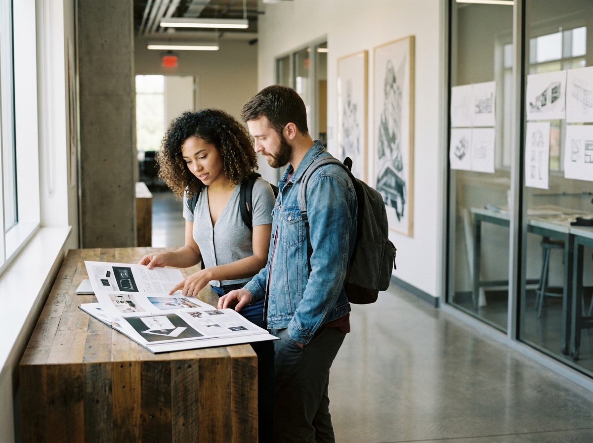 Deux étudiants en design graphique consultant un portfolio imprimé dans le couloir d'une école de design