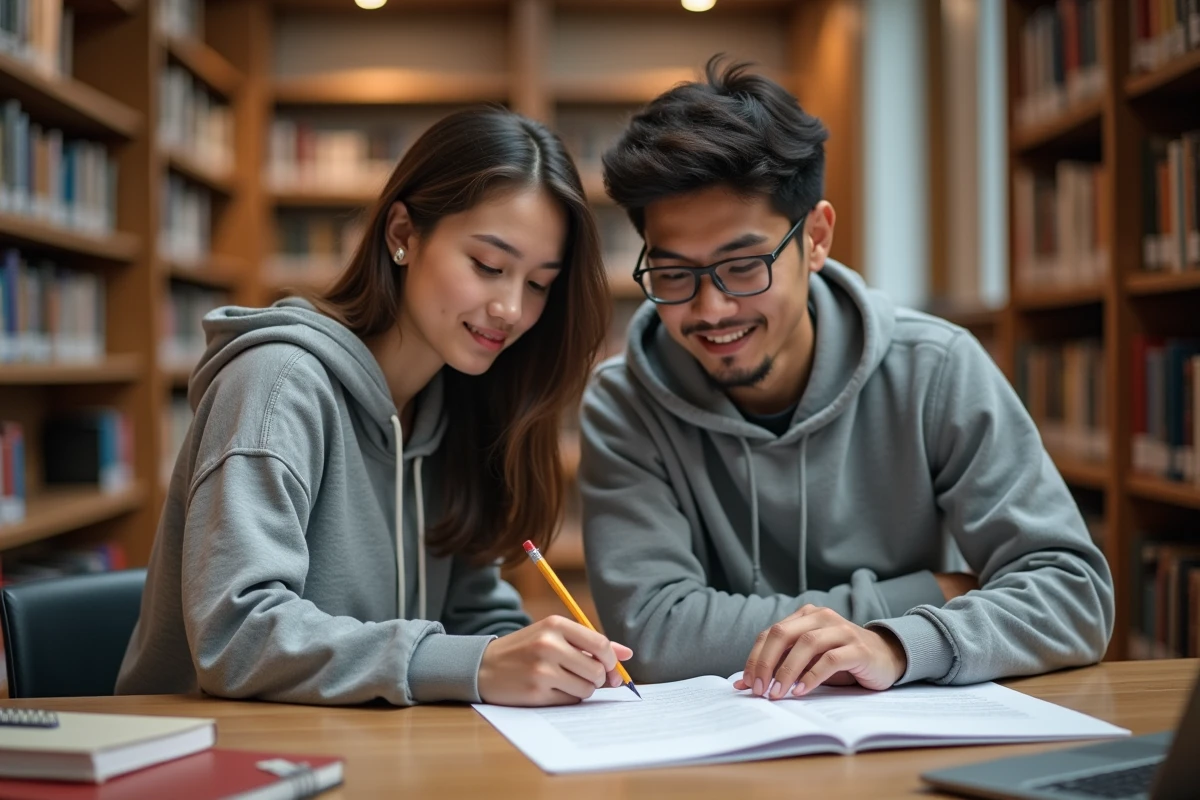 Deux étudiants consultant ensemble un récapitulatif signé de candidature à un examen en bibliothèque universitaire