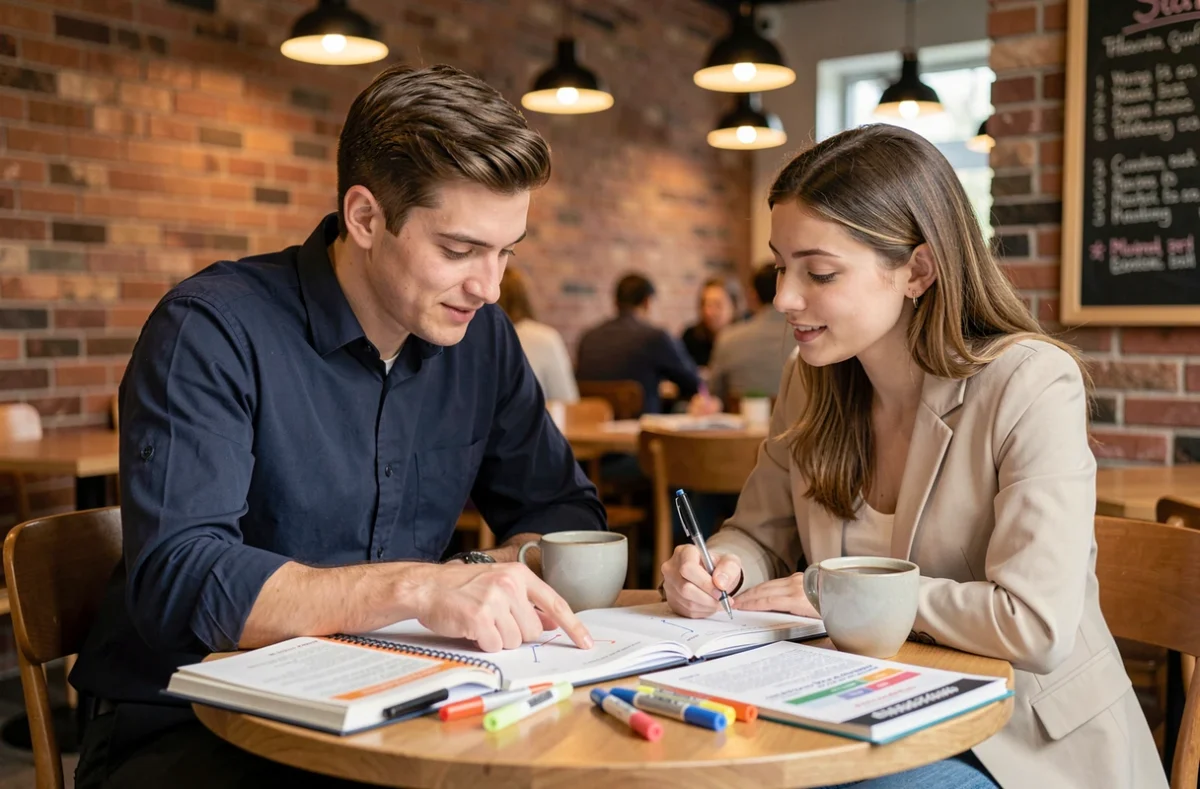 Deux étudiants révisant ensemble dans un café avec des cahiers et guides d'étude pour préparer leurs partiels