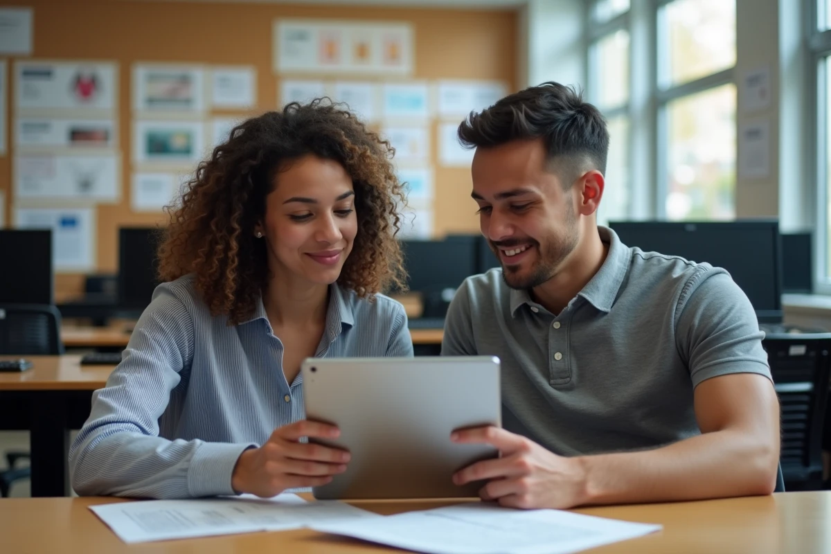 Deux étudiants STMG collaborant sur une campagne de marketing digital dans un laboratoire scolaire