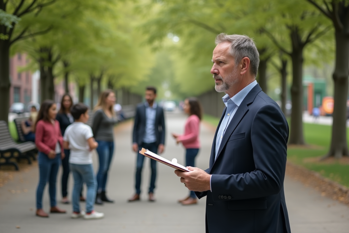 Evaluateur observant un animateur dans un parc urbain