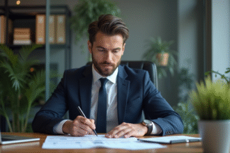 Homme d'affaires en costume bleu dans un bureau moderne