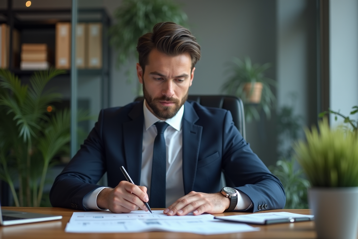 Homme d'affaires en costume bleu dans un bureau moderne