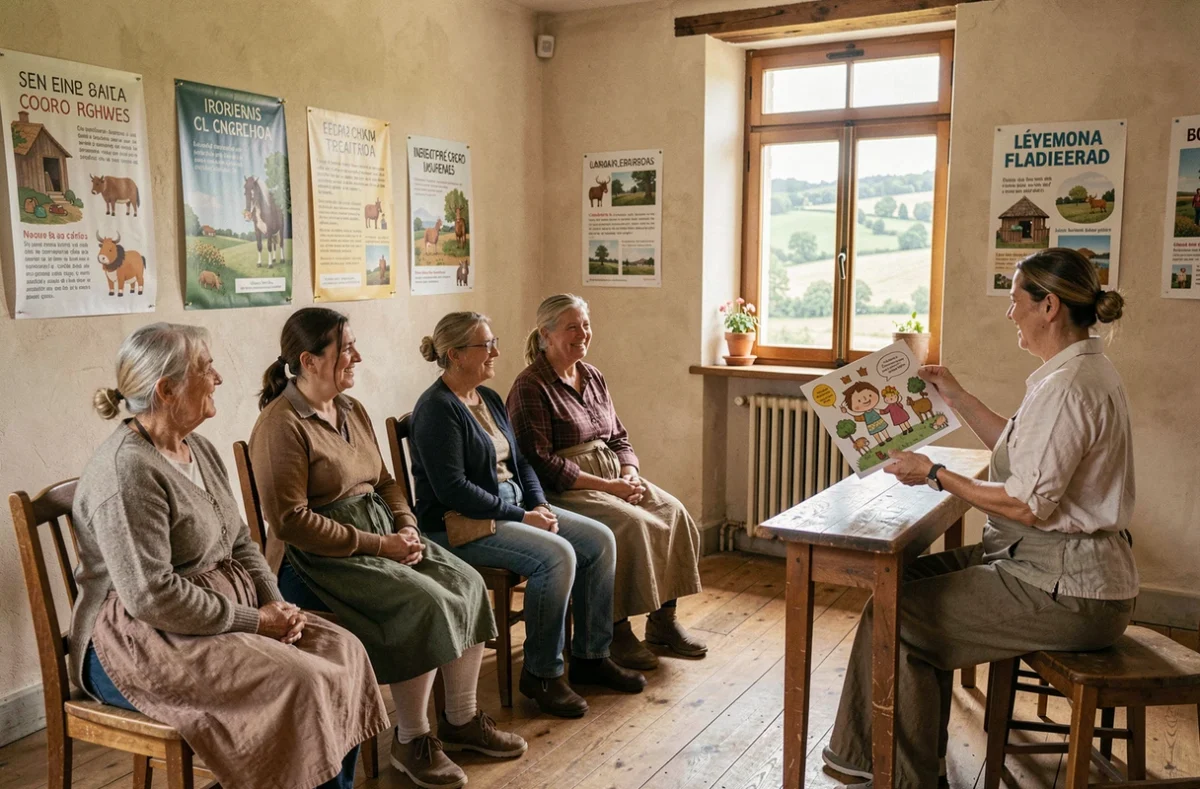 Groupe d'adultes en milieu rural apprenant l'anglais et l'espagnol avec Familles Rurales à Sainte-Gemmes-sur-Loire