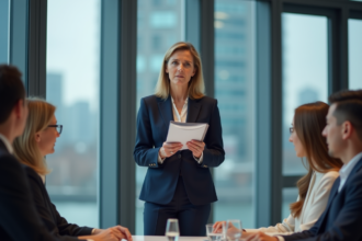 Femme d'affaires en costume navy lors d'une conférence