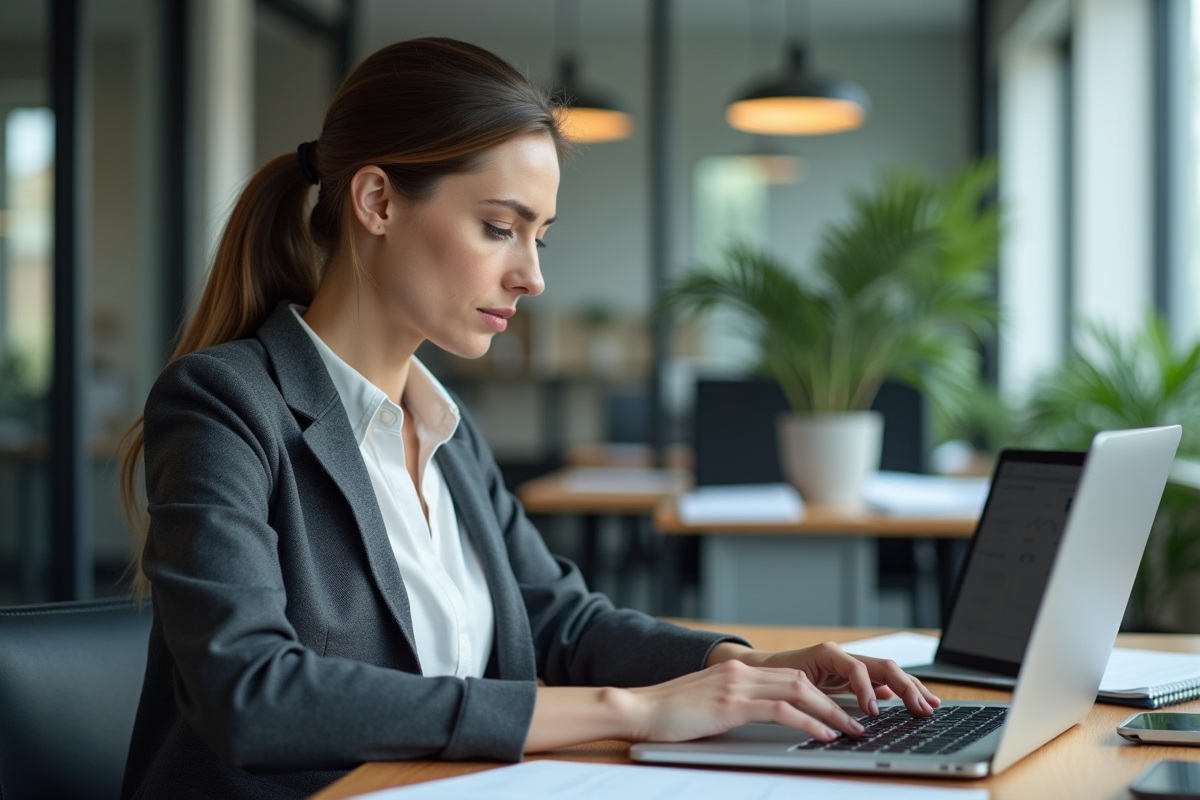 Femme d'affaires concentrée sur ses analyses digitales au bureau