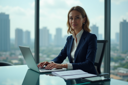 Femme d'affaires confiante travaillant sur son ordinateur dans un bureau moderne