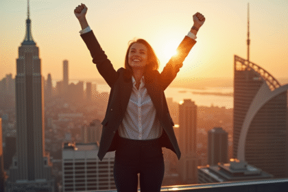 Femme d'affaires confiante sur un rooftop au lever du soleil