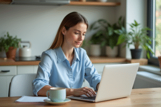 Femme étudiante en ligne dans un intérieur lumineux
