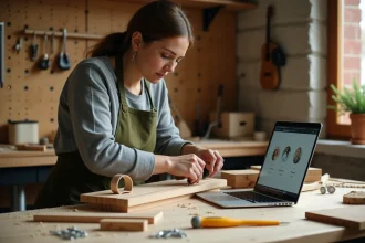 Femme assemblant une étagère en bois dans un atelier DIY maison avec un ordinateur portable affichant une plateforme de bricolage