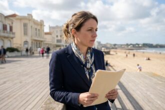 Femme en blazer et foulard regardant la côte atlantique à Royan