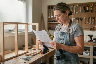 Femme de 45 ans apprenant le bricolage dans un atelier domestique avec une perceuse et des instructions imprimées