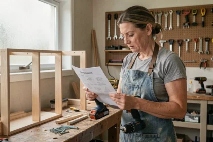 Femme de 45 ans apprenant le bricolage dans un atelier domestique avec une perceuse et des instructions imprimées