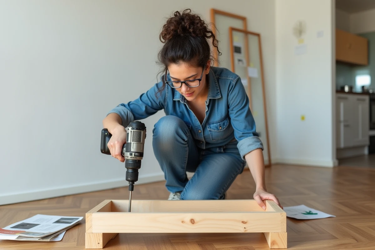 Femme assemblant une étagère en bois avec une perceuse sans fil dans un appartement moderne grâce à un cours de bricolage débutant