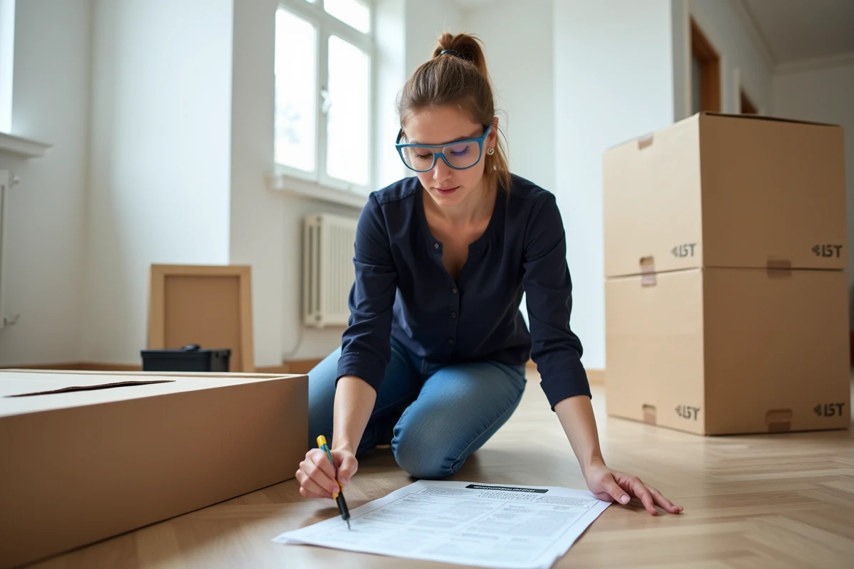 Une femme assemblant des meubles en suivant des instructions de bricolage dans un salon en cours de rénovation