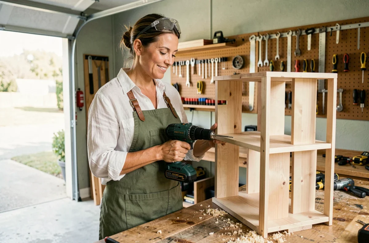Une femme bricoleur tient une perceuse sans fil devant une étagère en bois qu'elle vient d'assembler dans son atelier garage après une formation CPF