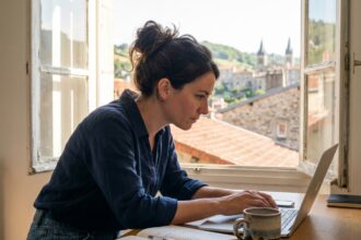Femme au bureau à domicile avec vue sur Annonay