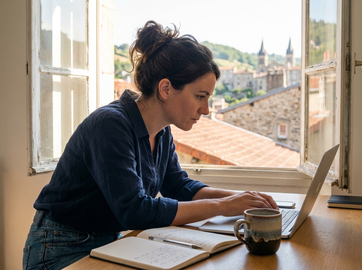 Femme au bureau à domicile avec vue sur Annonay