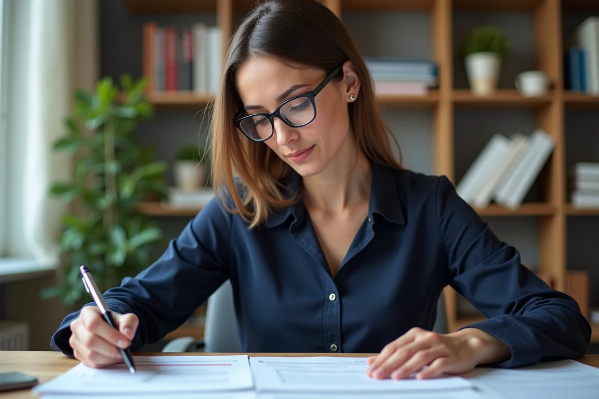 Femme professionnelle en bureau vérifiant une checklist