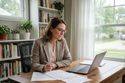 Femme en bureau à domicile en pleine concentration