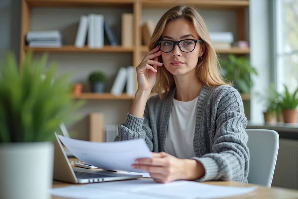 Femme en bureau moderne regardant un document