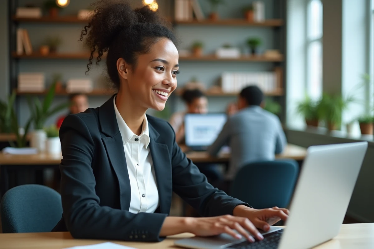 Jeune femme au bureau souriante et concentrée